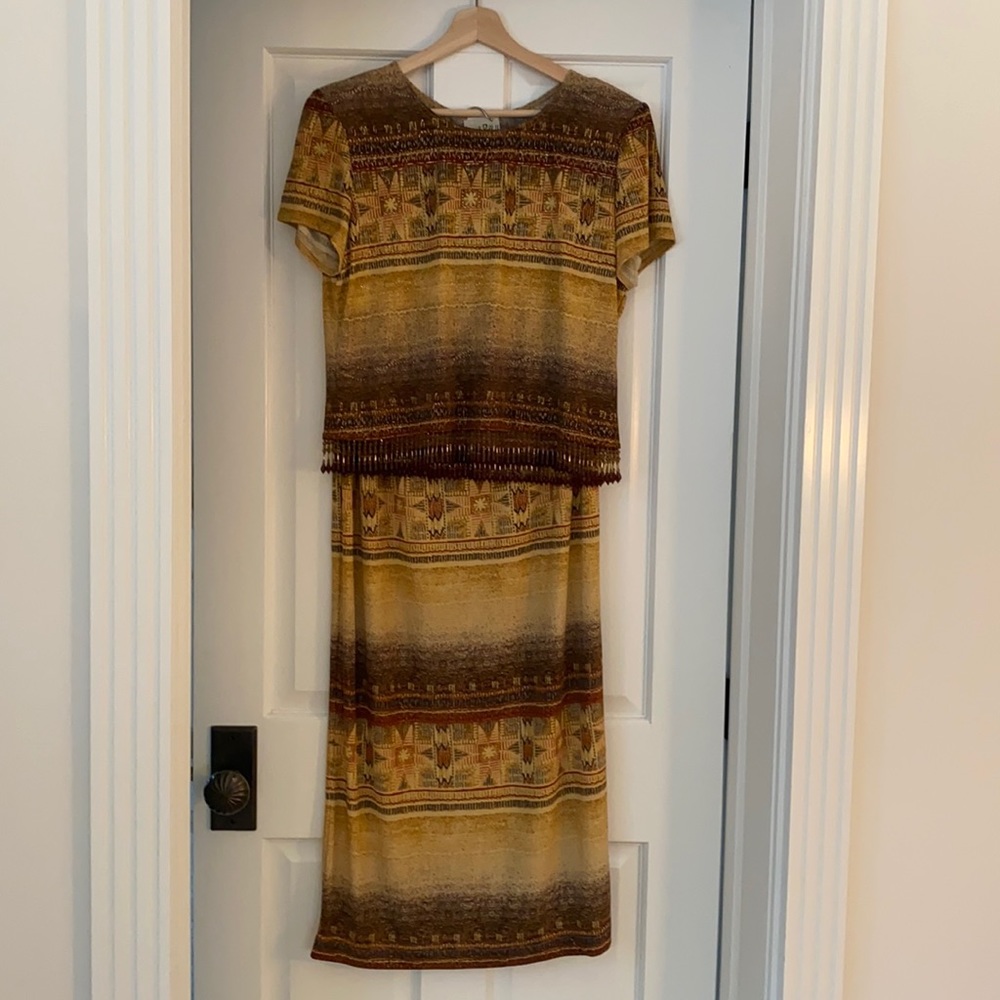 Joseph Ribkoff beaded fringed top and matching maxi skirt